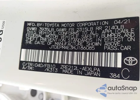 2021 Toyota Corolla Le from USA, damaged, VIN JTDEPMAE3MJ186085